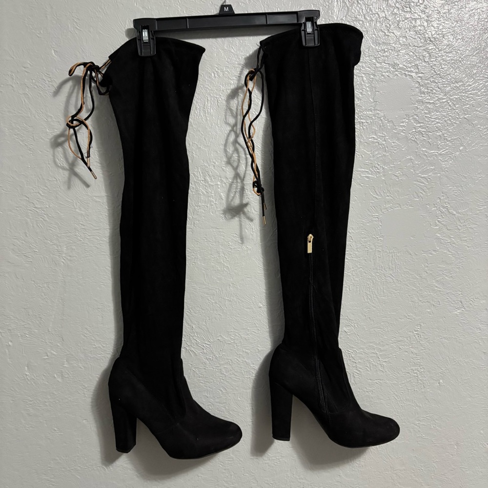 BAMBOO Black Over-the-Knee Boots with Lace Detail